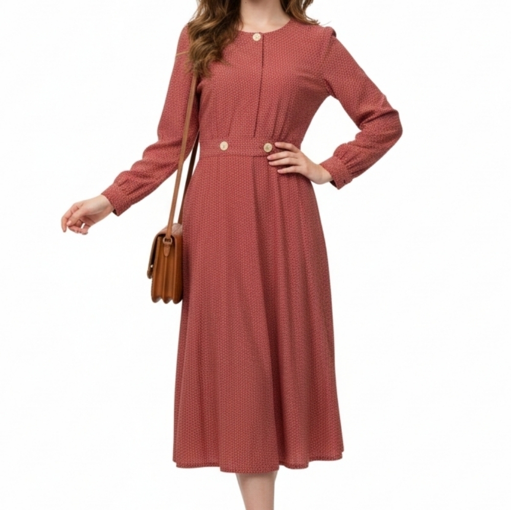 Vintage Liz Claiborne Pleated Midi Dress Red Polkadot Abalone Button Long Sleeve